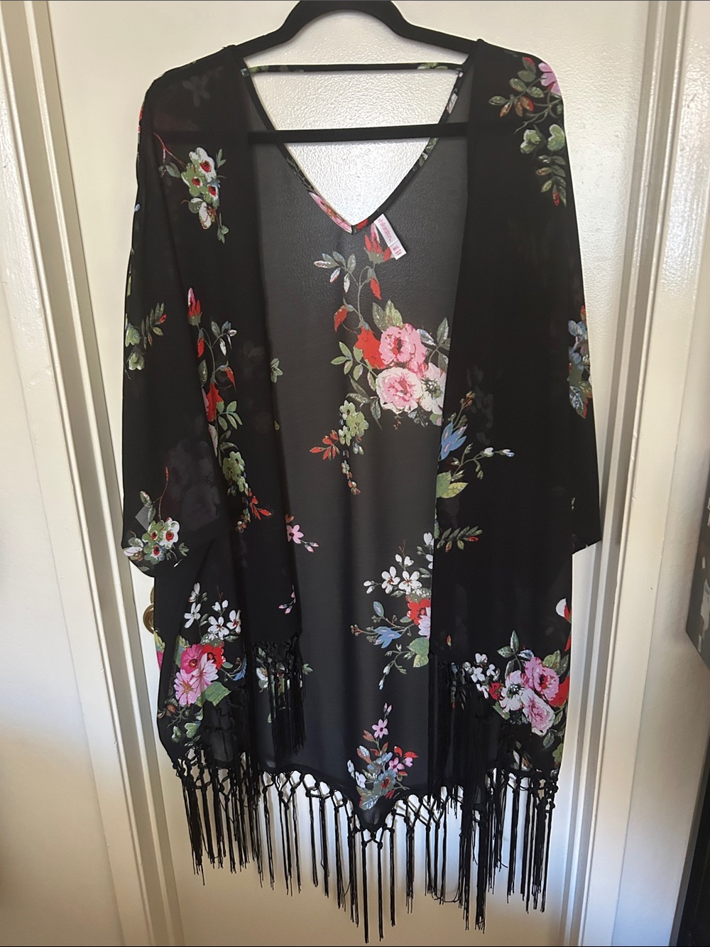 Xhilaration Black Floral Sheer Top with Pink and Red Blooms